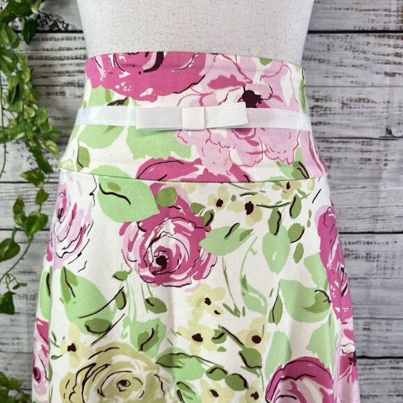 Spiegel Skirt size 14 Pink Green Floral Rose Knee A Line Stretch Wedding Modest - Picture 5 of 11